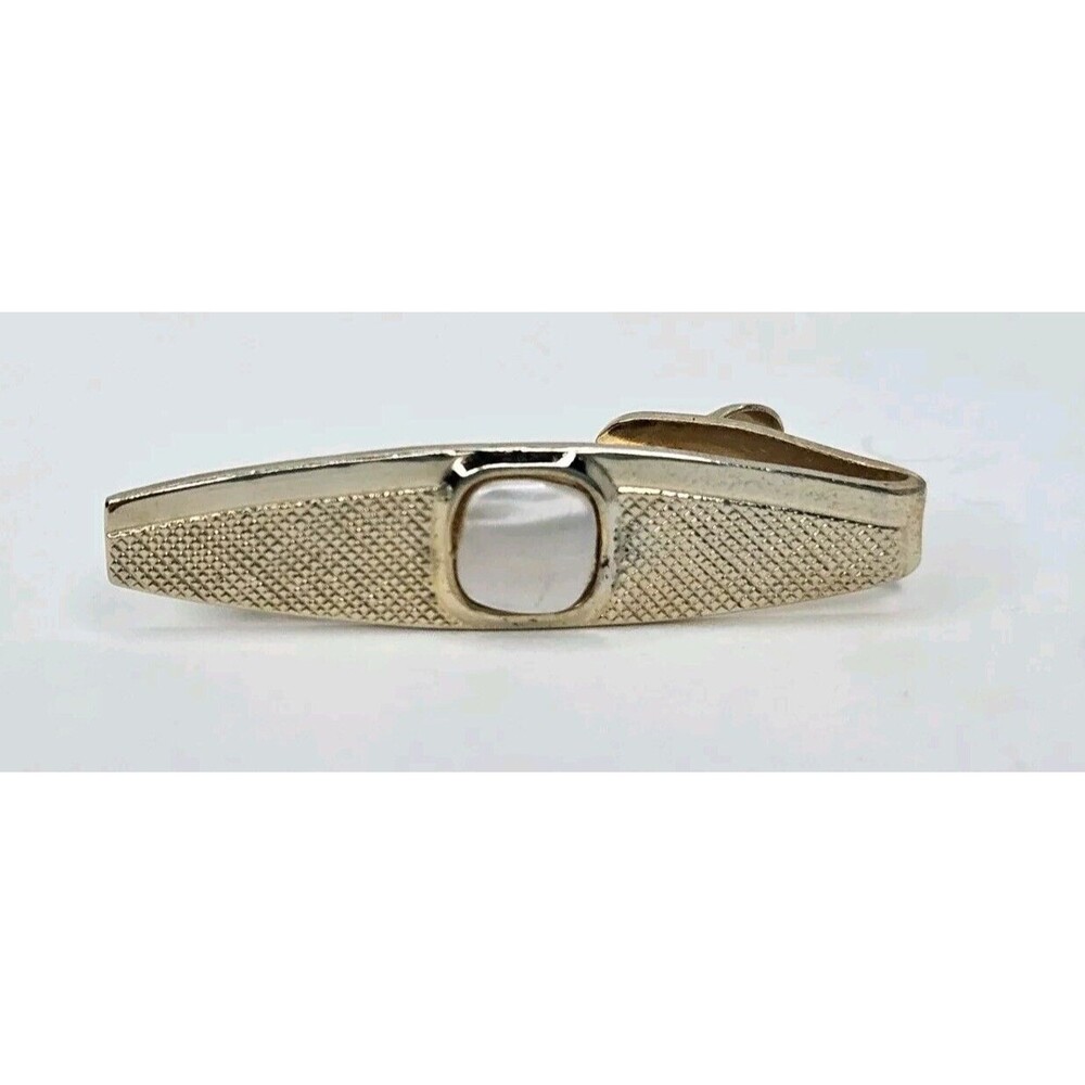 Textured Gold Tone Vintage Tie Clip Tie Clasp 1.6" Opal Colored Middle Stone